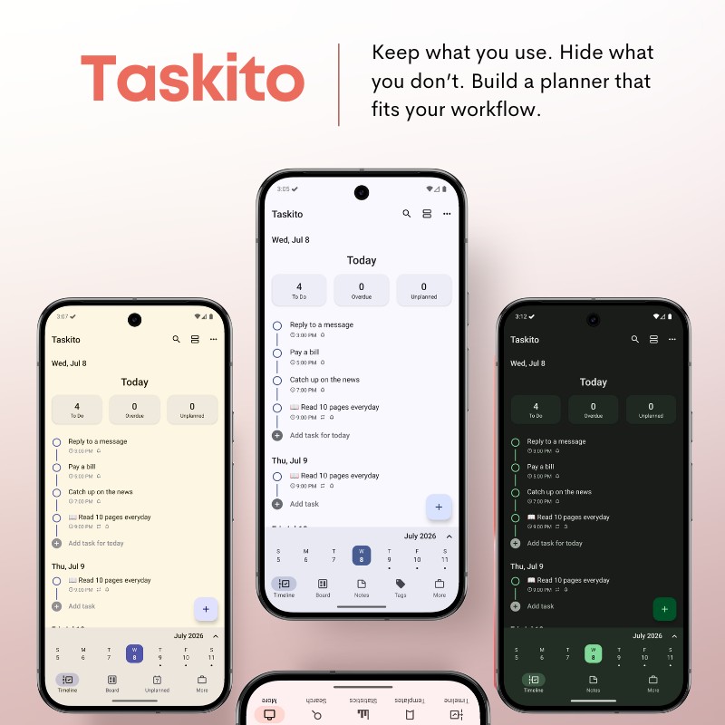 Customizing Taskito Android bottom navigation tabs from the Personalize settings