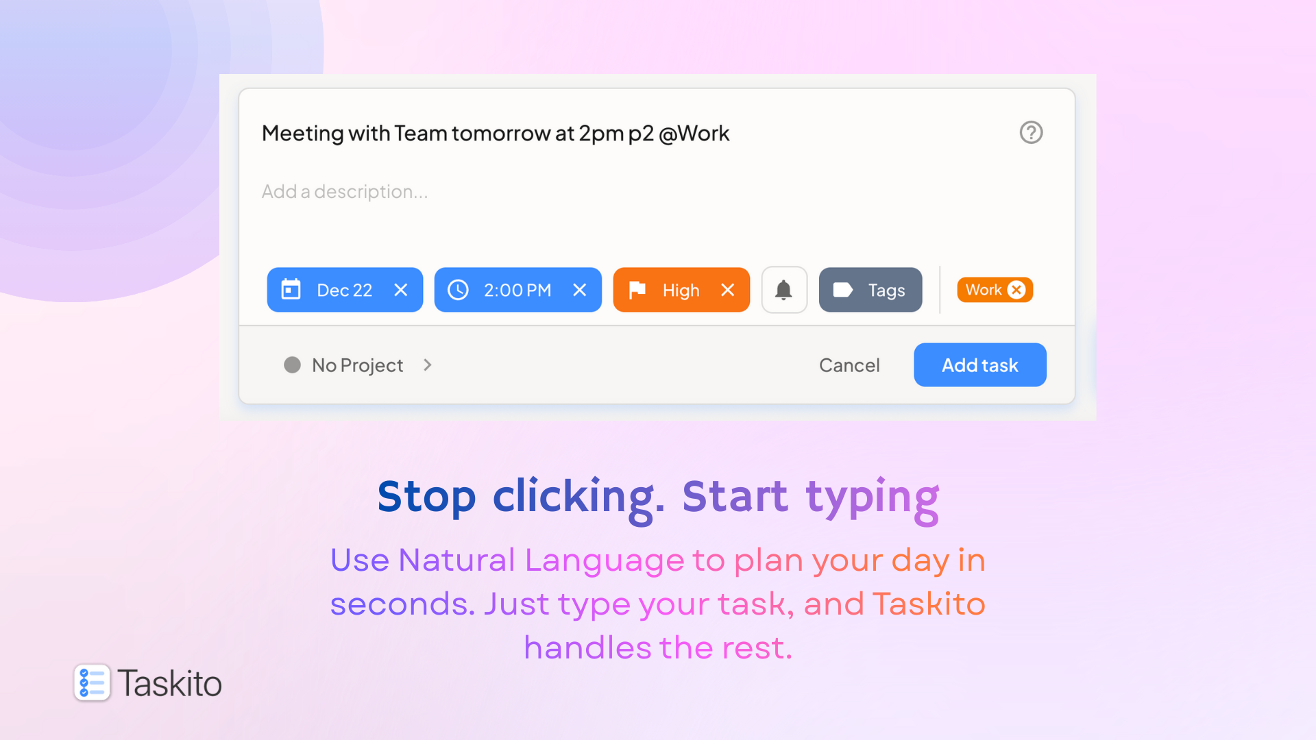 Taskito Web Quick Add feature showing smart text parsing with natural language task creation including dates, times, priorities, tags, and projects in a single input line