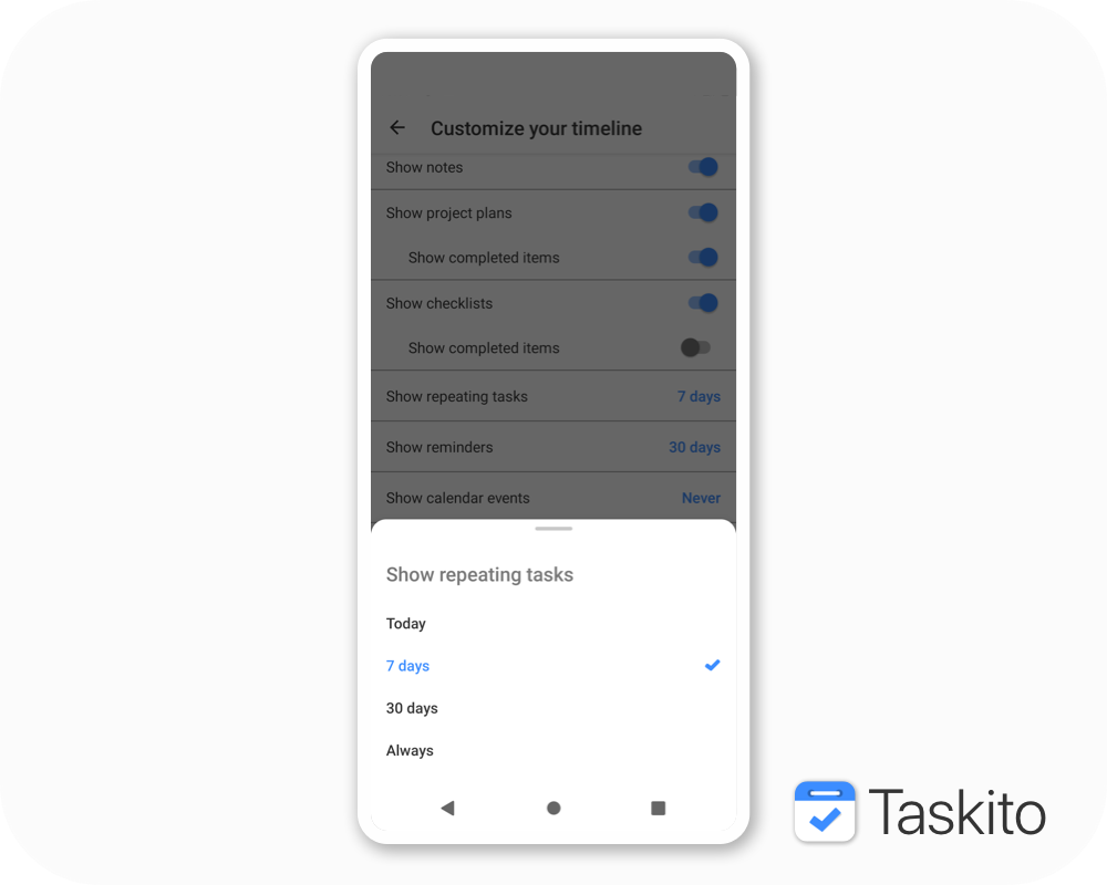 Timeline configuration for recurring tasks