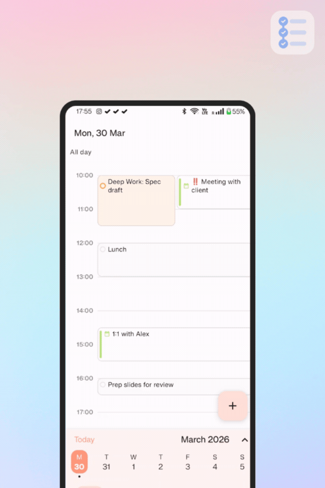 Easily plan and reschedule your tasks by dragging them in the claendar view