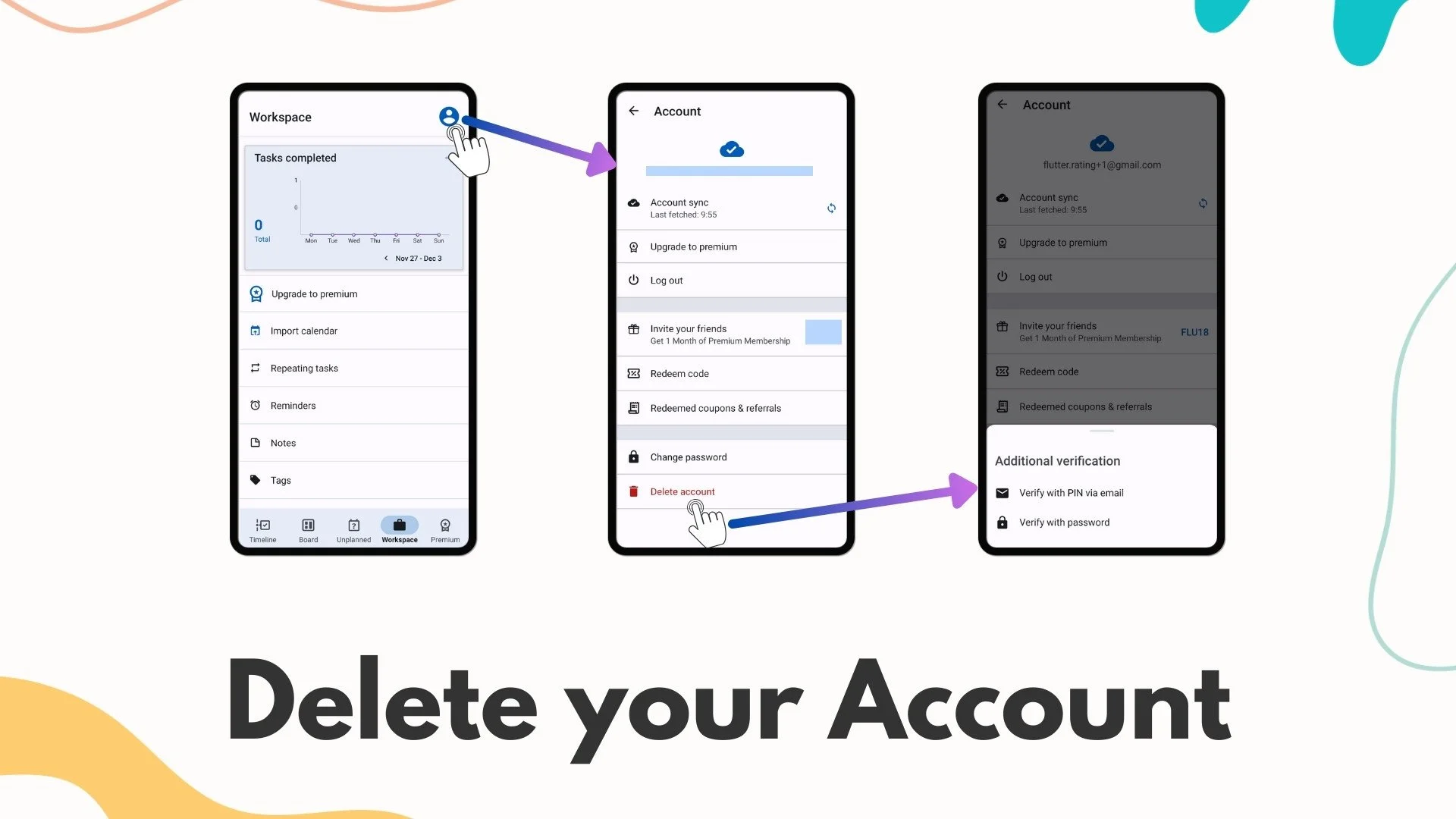 Delete account option in Taskito app
