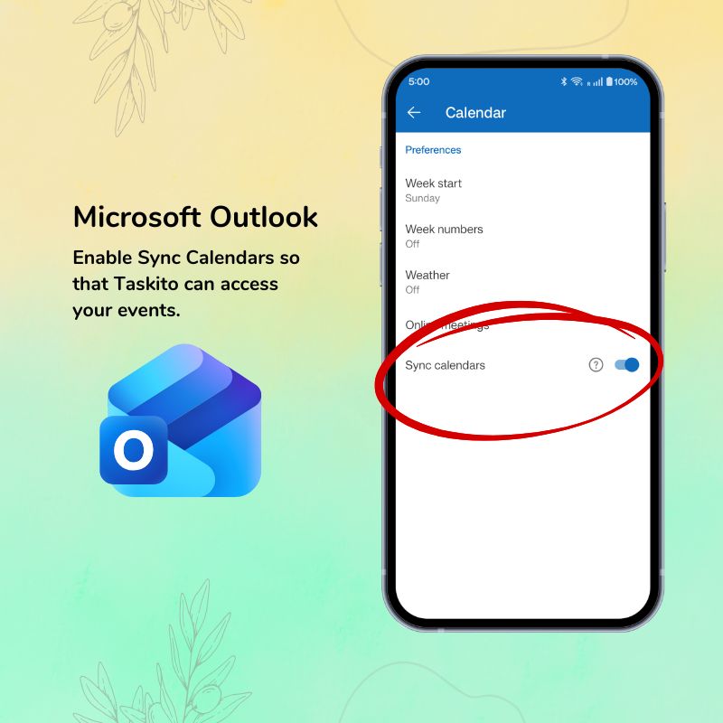 Outlook Android Calendar settings with Sync calendars enabled